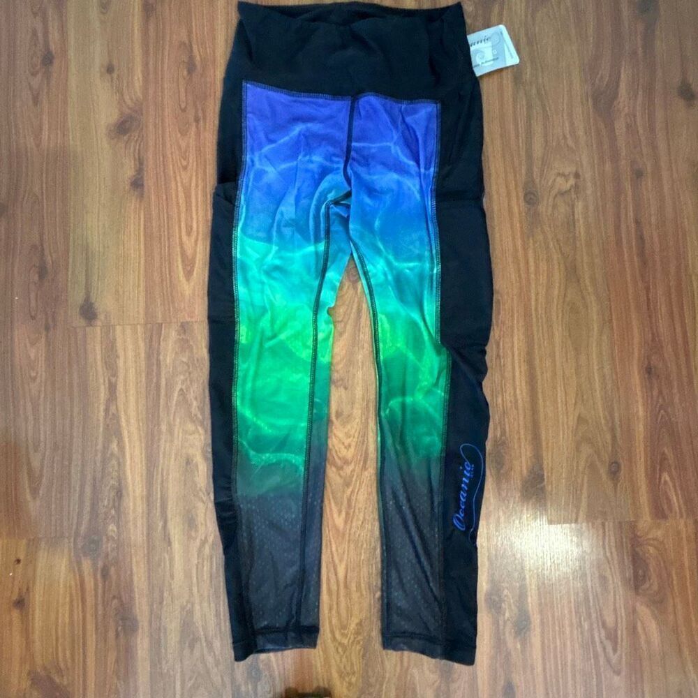 NWT Oceanic gear purple green black fitness exercise leggings. Size M